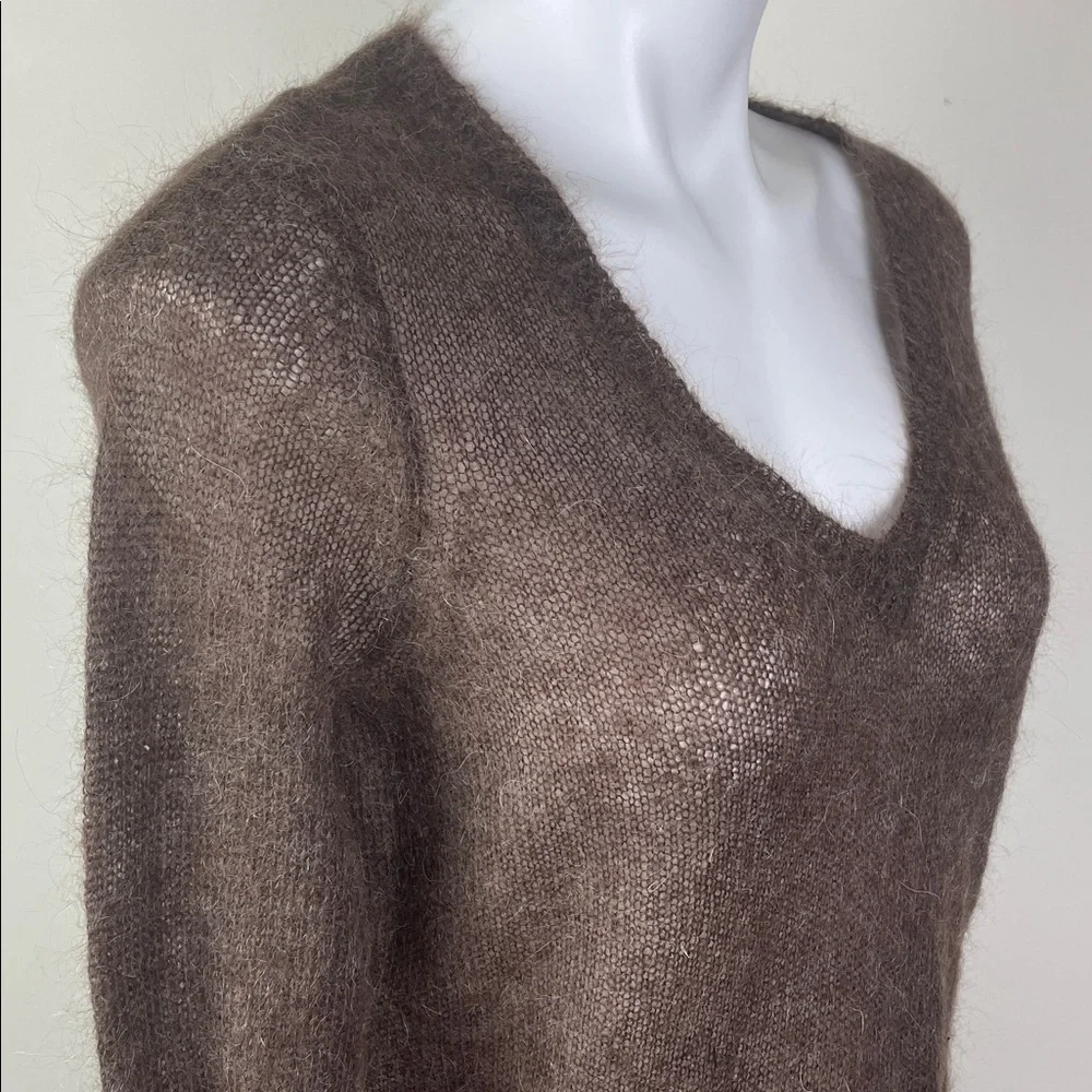 Super Fuzzy Sheer Mohair V-Neck Sweater Brown Distressed